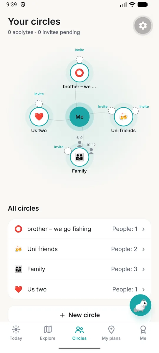 The Circles screen of the app