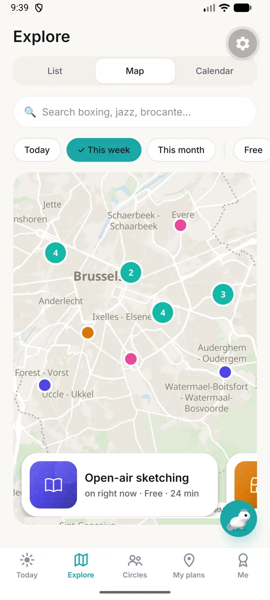 The Explore screen of the app: a map of this week's events